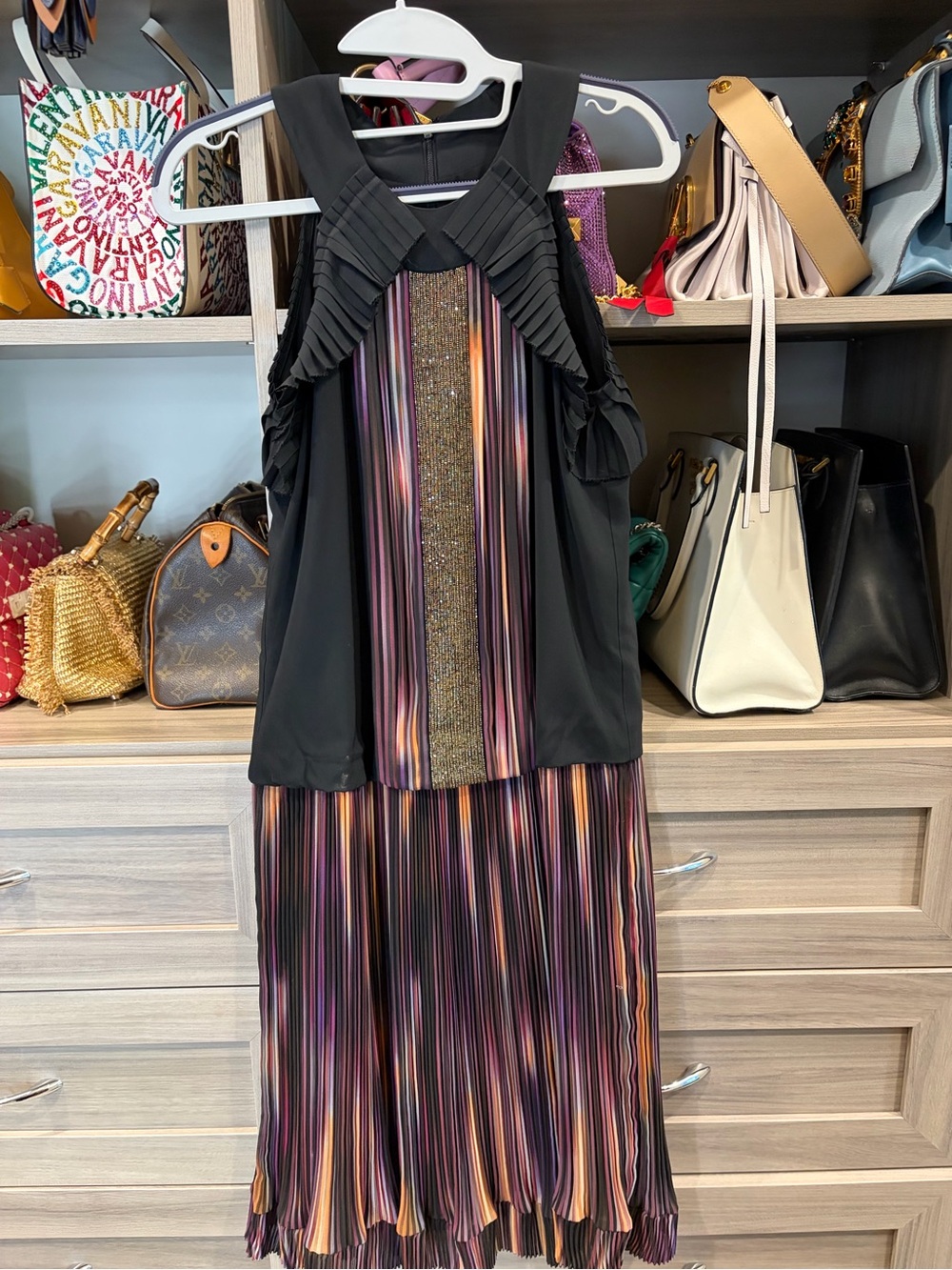 Etro Black Pleated Midi Dress with Multicolor Stripes and Metallic Panel
